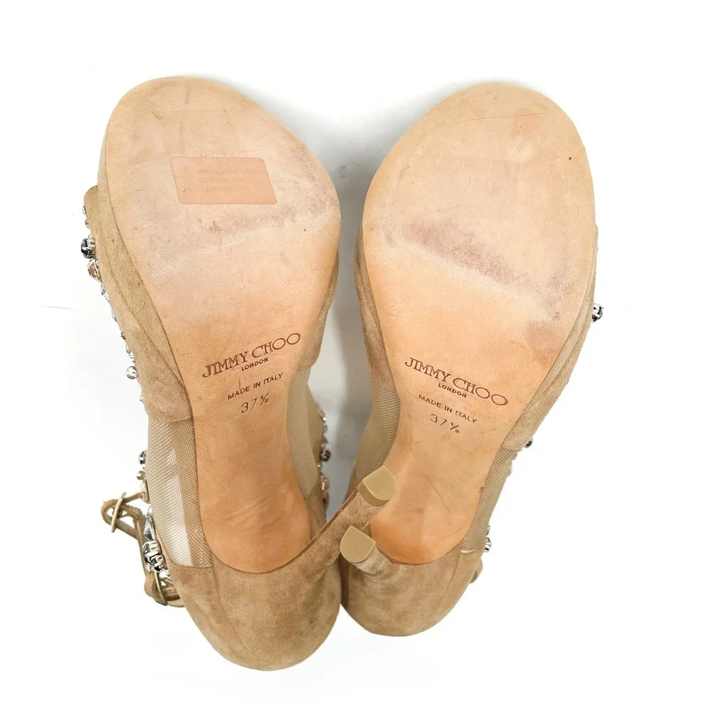 Jimmy Choo Viola Crystal‎ Sandals Tan Suede Strappy Heels Sz 37.5 / 7.5 US
